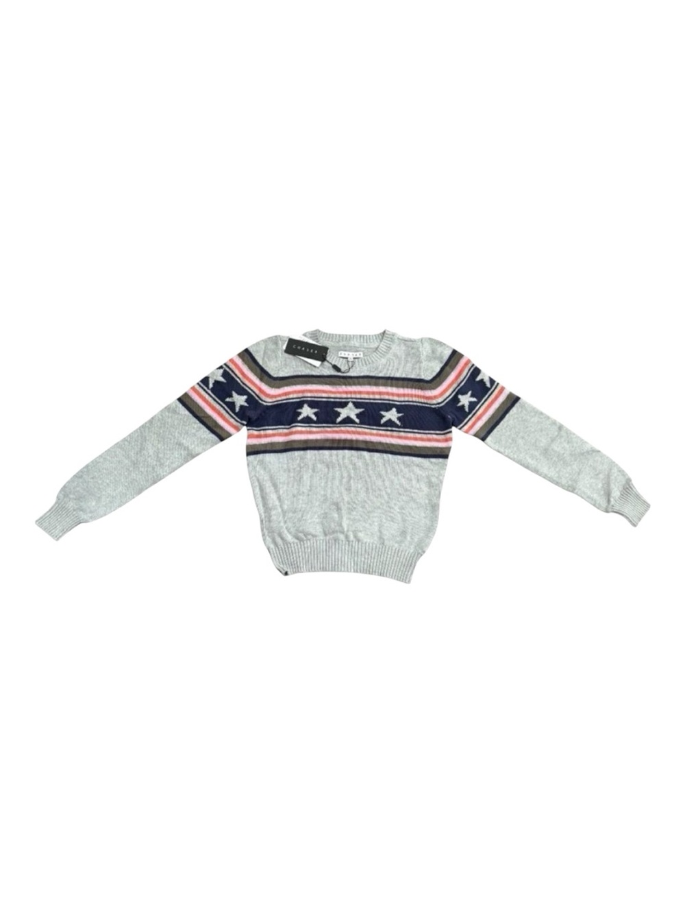NWT Chaser Star Stripe Knit Sweater 100% Cotton Gray Small